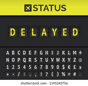 Airport analog flip board showing flight information of departure or arrival status: Delayed with aircraft sign icon and alphabet. Vector