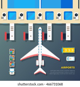 Airport apron planes airfield area with aircraft at jet bridge and ground srvice top view abstract vector illustration