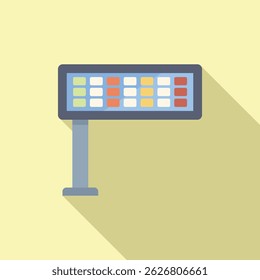 Airport arrival departure board showing flight information with color squares on yellow background