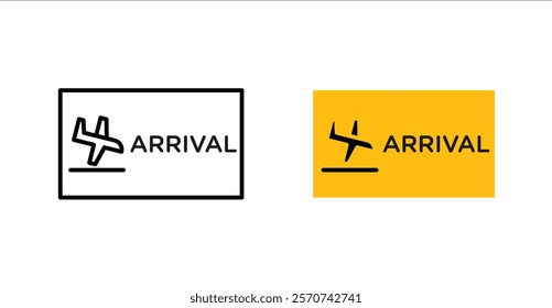 Airport arrival signs in black outline, solid and colored style