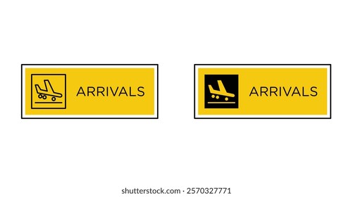 Airport arrival signs vectors set in black. line and flat versions