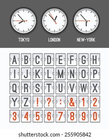 Airport arrival table alphabet with characters and numbers for departures, arrivals, clocks, countdowns. Vector illustration.