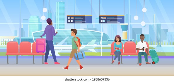 Airport arrival waiting room or international departure lounge with people tourists vector illustration. Cartoon man woman passenger characters wait to fly by plane, sitting in chairs background
