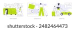 Airport arrivals abstract concept vector illustration set. Airside transfer, airport bus, baggage claim, luggage pick up from conveyor, taxi service, commercial air transport abstract metaphor.