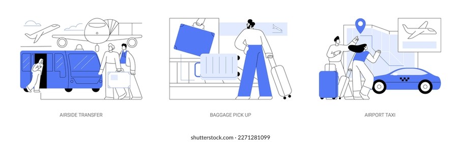 Airport arrivals abstract concept vector illustration set. Airside transfer, airport bus, baggage claim, luggage pick up from conveyor, taxi service, commercial air transport abstract metaphor.