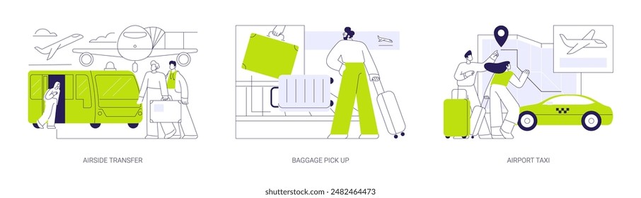 Airport arrivals abstract concept vector illustration set. Airside transfer, airport bus, baggage claim, luggage pick up from conveyor, taxi service, commercial air transport abstract metaphor.