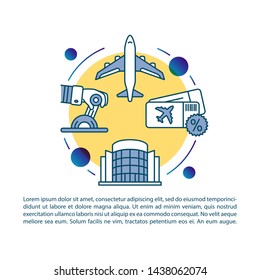 Airport article page vector template. Airline flight tickets. Brochure, booklet design element with linear icons and text boxes. Print design. Concept illustrations with text space