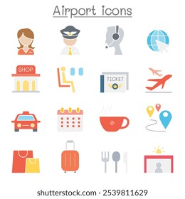 Airport and Aviation icon set in flat color style