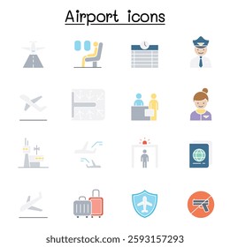 Airport, aviation icon set in flat color style