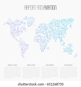 Airport and aviation, tourism concept. Thin line icons in world map. Vector illustration.