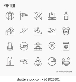 Airport, aviation and tourism simple thin line icons. Vector illustration. 