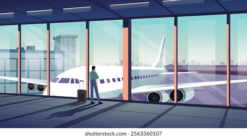 Airport Background Vector, Passenger looking to plane, airport mirror window, light rays, airport illustration