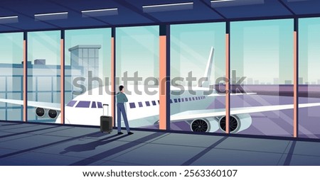 Airport Background Vector, Passenger looking to plane, airport mirror window, light rays, airport illustration