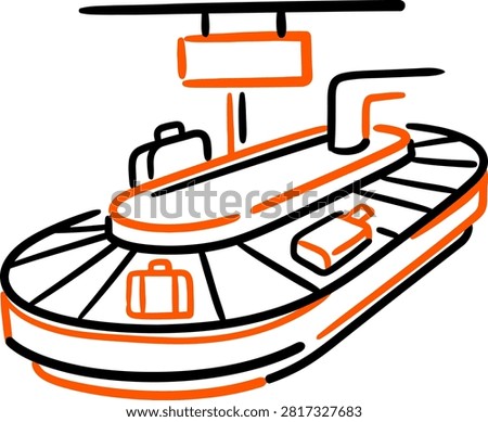 Airport baggage claim carousel icon with orange suitcases on conveyor belt and sign in black and orange minimalist hand drawn line art style