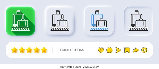 Airport baggage reclaim line icon. Neumorphic, Flat shadow, 3d buttons. Airplane luggage lane sign. Flight checked bag symbol. Line baggage reclaim icon. Social media icons. Vector