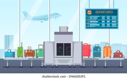 Airport baggage scanner. Conveyor belt with luggage and inspection control terminal. Security check for bags and suitcases vector concept. Illustration luggage airport security, check and scanner