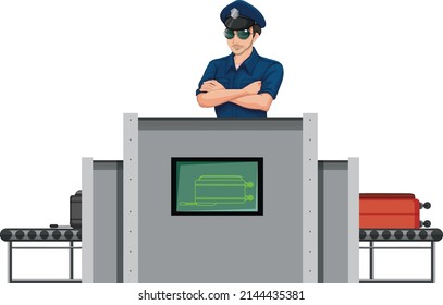 Airport baggage scanner with security guard illustration