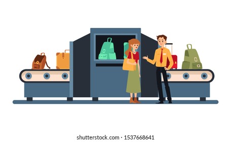 Airport baggage security check machine - cartoon people standing next to x ray scanner computer with bags and luggage on conveyor belt. Flat isolated vector illustration.
