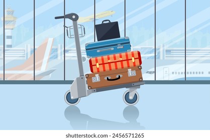 Airport baggage Trolley with suitcases. Luggage with bags for travel