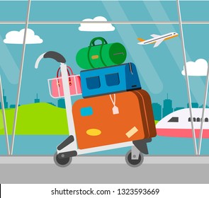 Airport baggage Trolley with suitcases, vector illustration. Luggage with bags for travel