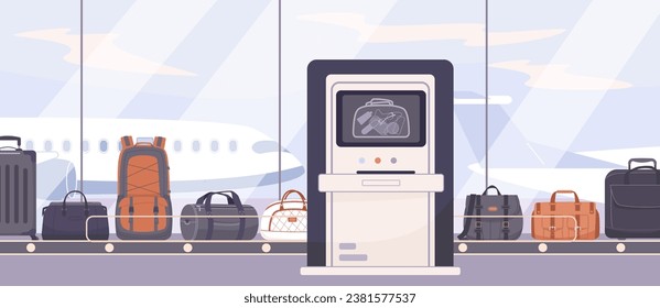 Airport belt conveyor, bags on luggage claim. Xray baggage security, screening control before flight. Travel suitcases check, kicky vector flat scene