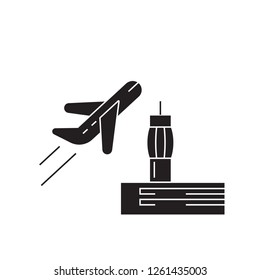 Airport black vector concept icon. Airport flat illustration, sign