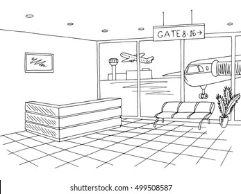 Airport black white interior graphic art sketch illustration vector