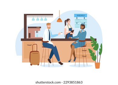 Airport blue concept with people scene in the flat cartoon style. Man is waiting for his flight in an airport cafe. Vector illustration.