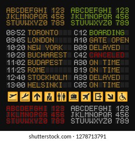 Airport board constructor realistic composition with set of yellow red white and green letters for airport board vector illustration