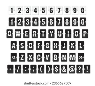 Airport board font. Realistic flip score board airport template. Countdown board alphabet and numbers. Qwerty keyboard analog font on white background. Vector illustration.