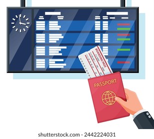 Airport Board, Hand, Passport, Boarding Pass. Departure Arrival Timetable. Flight Destination, Gate, Status Time. Information Board Clock Info Display. Electronic Scoreboard. Flat Vector Illustration