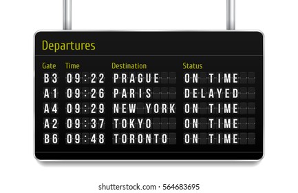 Airport board. Mechanical scoreboard. Realistic scoreboard with flip symbols. Vector template for your design.