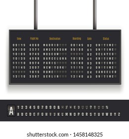 Airport board set, font for international business vacation. Timetable panel and schedule. Vector illustration on white background