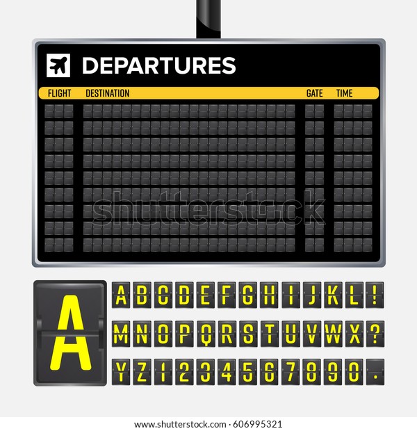 Airport Board Vector. Realistic\
flip scoreboard template. Black Airport 3d  with alphabet and\
numbers. Information analog panel. Destination time. travel\
Illustration