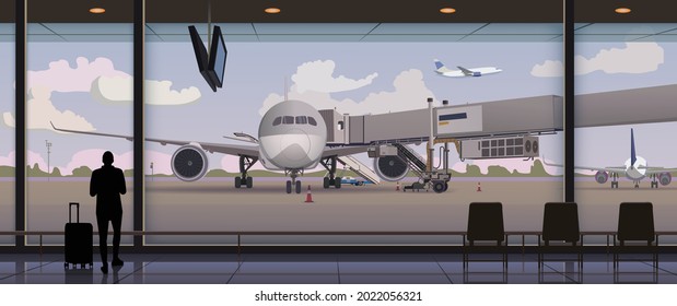 Airport, boarding the plane, waiting room. Vector.