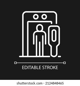 Airport border security white linear icon for dark theme. Thin line customizable illustration. Isolated vector contour symbol for night mode. Editable stroke. Pixel perfect. Arial font used