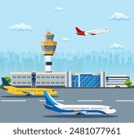 Airport building and airplanes on runway. Control Tower and Airplane on the Background of the city, Travel and Tourism Concept