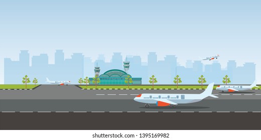 Airport building and airplanes on runway. Control Tower and Airplane on the Background of the city, Travel and Tourism Concept vector illustration.