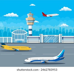 Edificio del aeropuerto y aviones en pista. Torre de control y avión en el fondo de la ciudad, concepto de viajes y turismo. Ilustración vectorial en estilo plano.