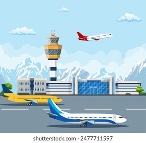 Airport building and airplanes on runway. Control Tower and Airplane on the Background of the mountain, Travel and Tourism Concept