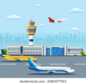 Airport building and airplanes on runway. Control Tower and Airplane on the Background of the city, Travel and Tourism Concept