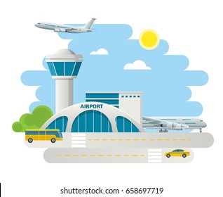 Airport building and airplanes on runway, taxi Arrivals at Airport on natural landscape background. Flat Design vector illustration