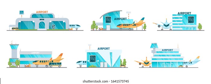 Airport building and airplanes, taxi, car, loader. Airplane on the runway. Modern architecture building airports set. Public transport bus, taxi cars vector illustration