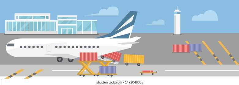 Airport building cargo plane vector flat
