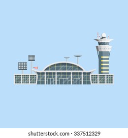 Airport Building With Control Tower. Flat Design. Vector Illustration. 