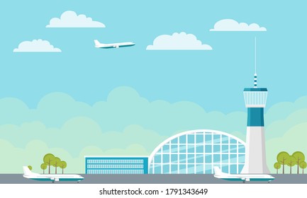 The airport. Airport building with control tower, terminal and airstrip. Vector, cartoon illustration. Vector.