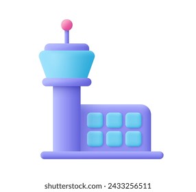 Airport building with control tower. Travel, vacation, journey and transportation concept. 3d vector icon. Cartoon minimal style.