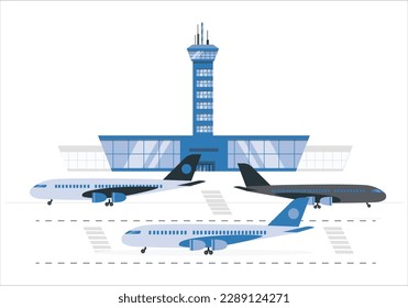 Airport building exterior with airplanes and control tower outline concept. Terminal with passengers boarding process for take off vector illustration. Jet transport for international vacation travel.