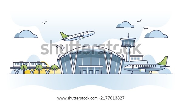 Airport building exterior with airplanes and\
control tower outline concept. Terminal with passengers boarding\
process for take off vector illustration. Jet transport for\
international vacation\
travel.