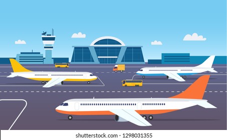 Airport building exterior with buses and airplanes. Vector flat style illustration.